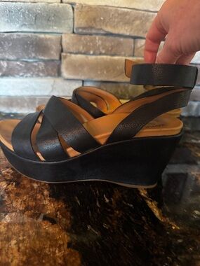 Kork-Ease Black Leather Wedge Sandals with Ankle Strap